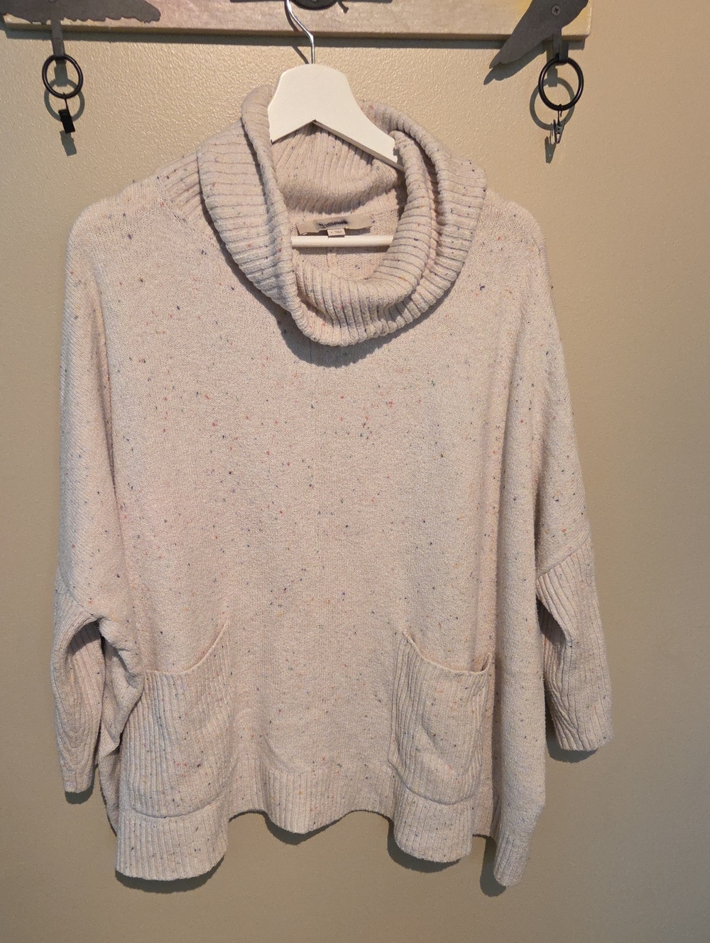 LOFT Cream Ribbed Cowl Neck Pocket Sweater
